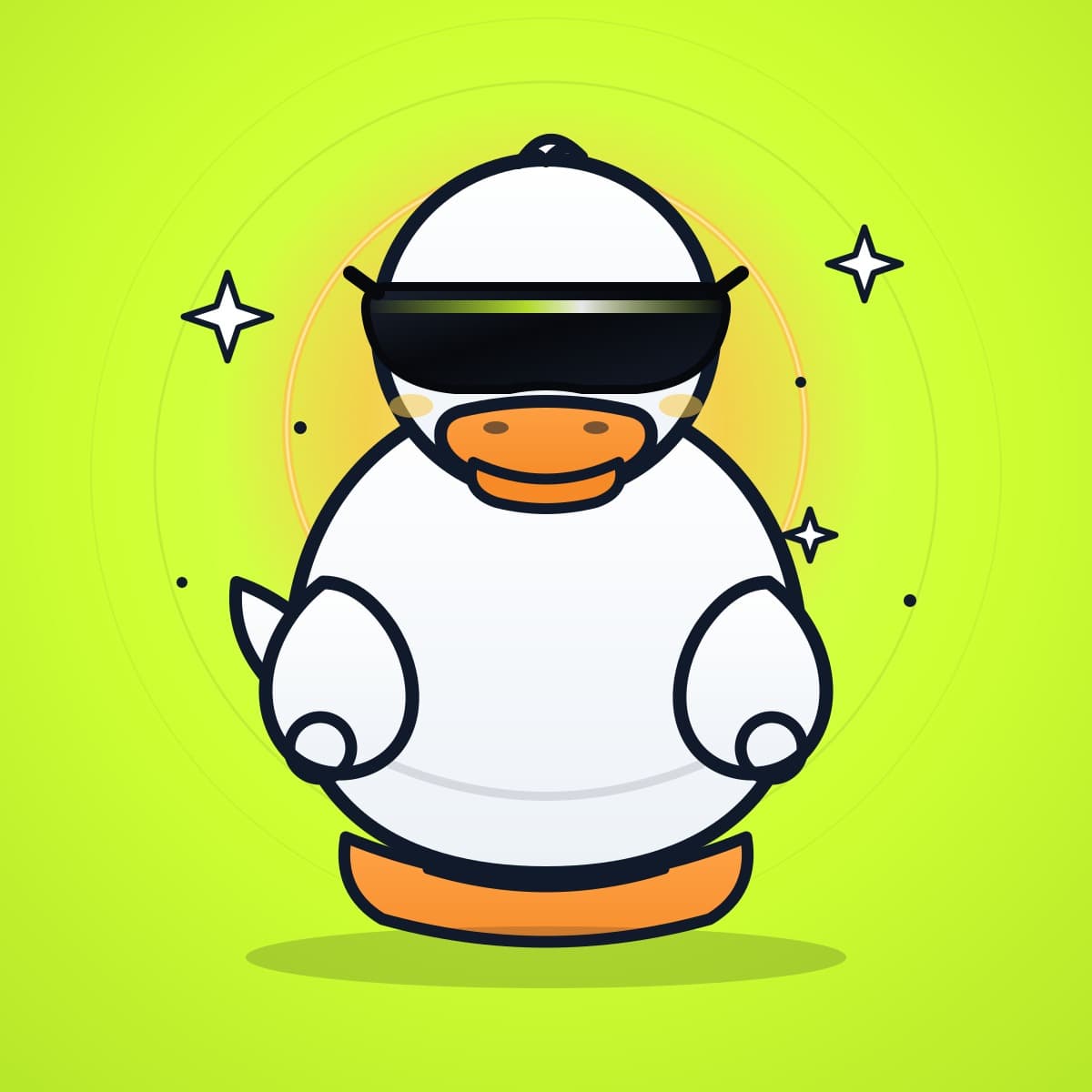 Duckie — a calm white duck wearing black futuristic sunglasses, meditating inside a golden halo on an acid-lime background